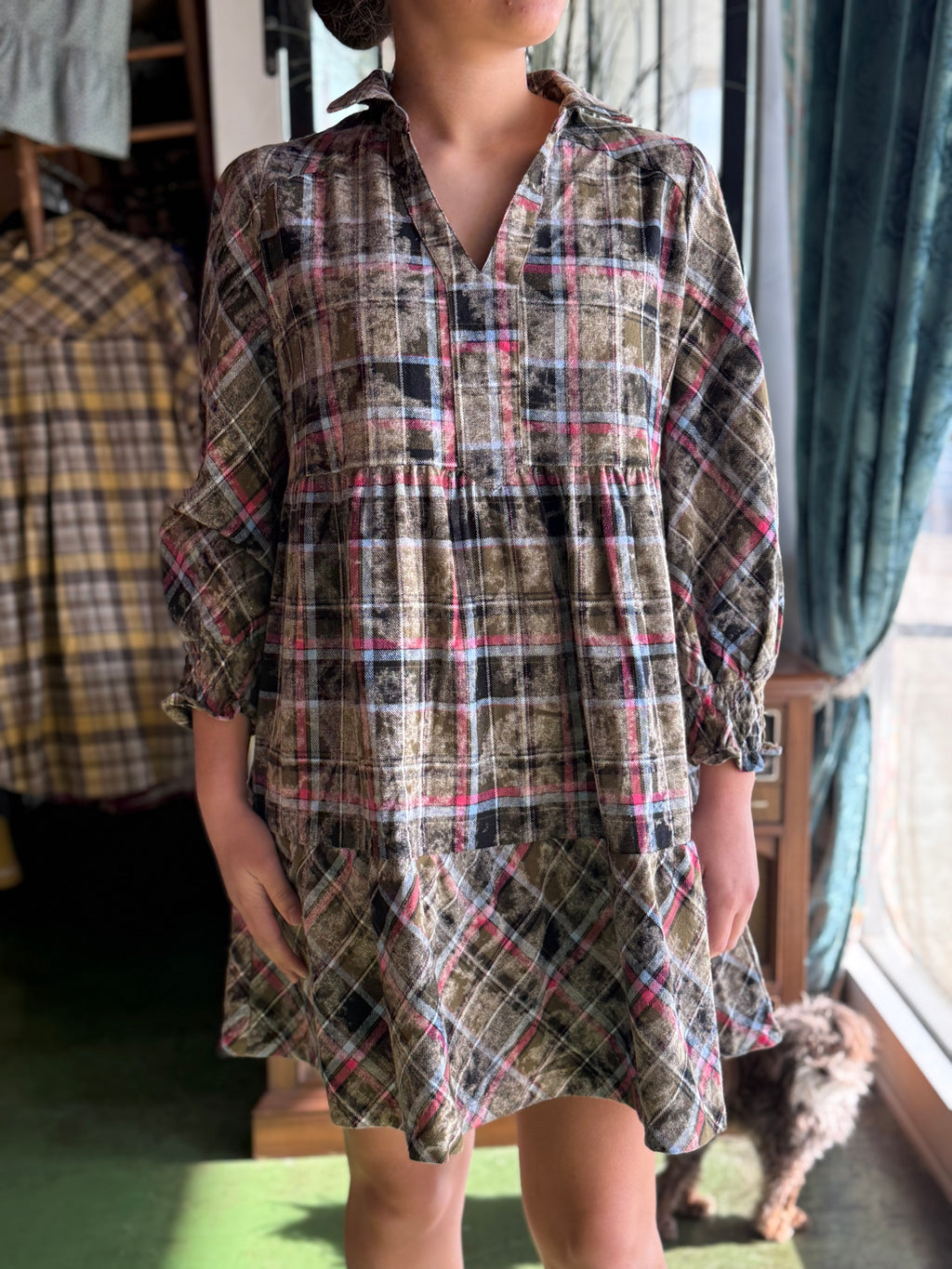 green mineral wash flannel dress L9