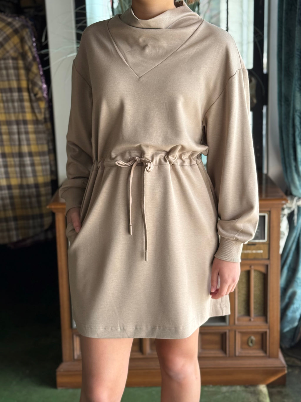 khaki long sleeve active dress V4