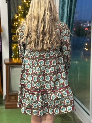 burgundy and green bold floral dress B37