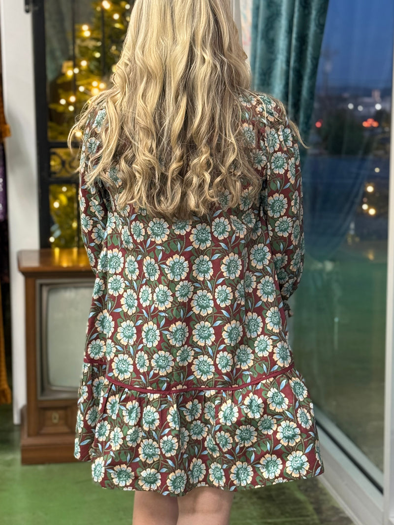 burgundy and green bold floral dress B37