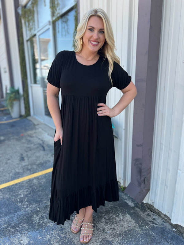 Black short sleeve maxi dress with lace panel at center of back 