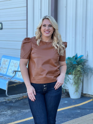Brown short sleeve puff sleeve faux leather top