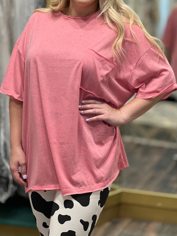 Bubblegum pink tee with pocket.  Oversized fit